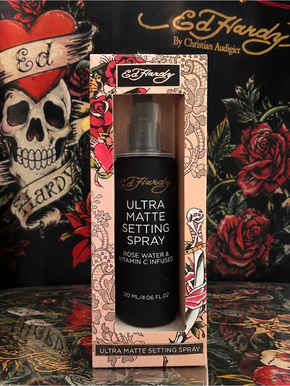 Ed Hardy Ultra Matte Setting Spray - Black & Pink Packaging
